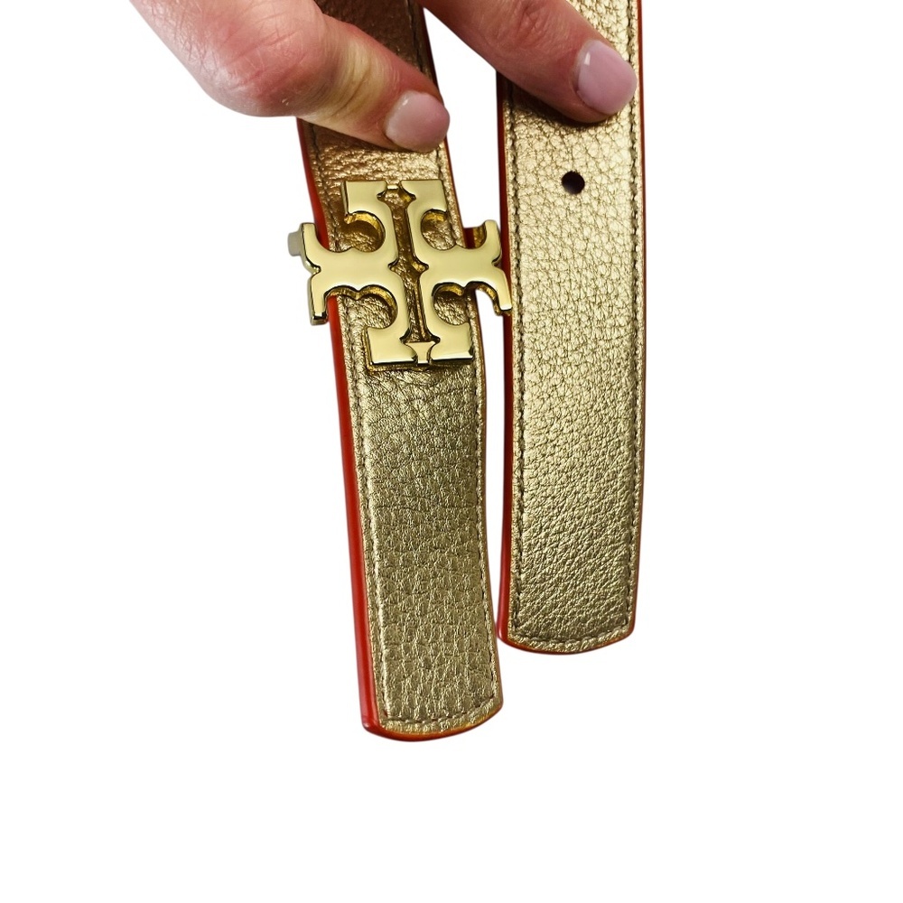 TORY BURCH Logo Reversible Pebble Grained Leather Red and Gold 1” Belt - Picture 2 of 6